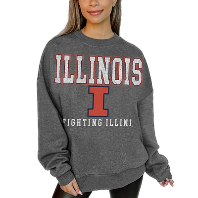Women's Gameday Couture Heather Charcoal Illinois Fighting Illini Oversized Distressed Fleece Pullover Sweatshirt
