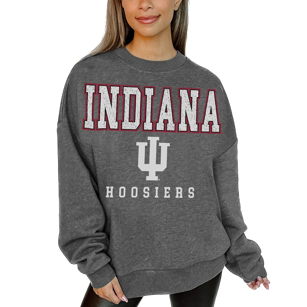 Women's Gameday Couture Heather Charcoal Indiana Hoosiers Oversized Distressed Fleece Pullover Sweatshirt