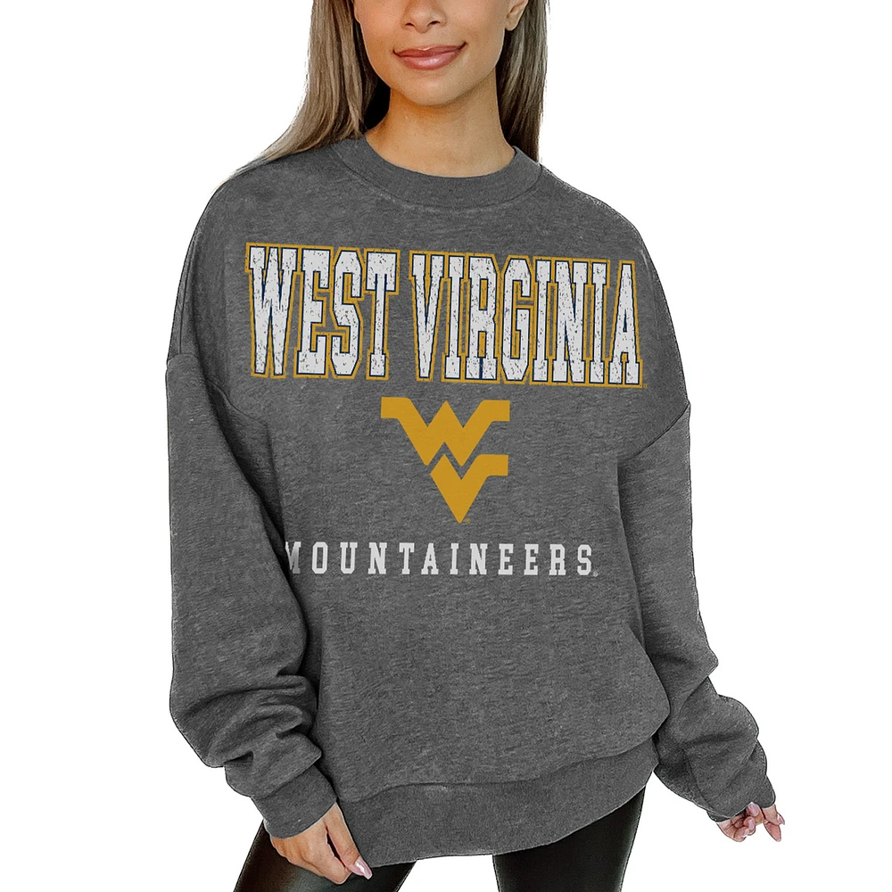 Women's Gameday Couture Heather Charcoal West Virginia Mountaineers Oversized Distressed Fleece Pullover Sweatshirt