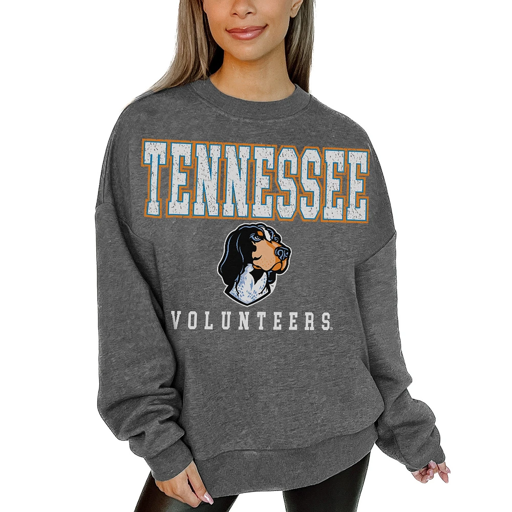 Women's Gameday Couture Heather Charcoal Tennessee Volunteers Oversized Distressed Fleece Pullover Sweatshirt