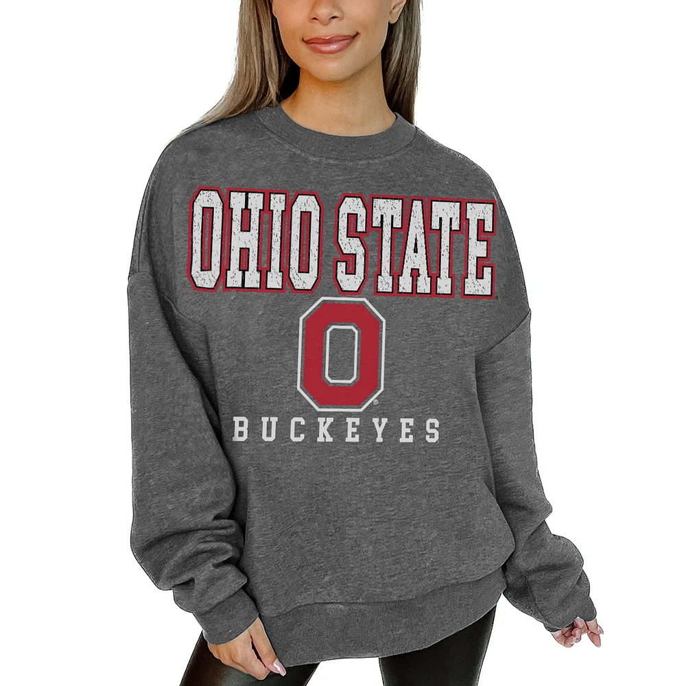 Women's Gameday Couture Heather Charcoal Ohio State Buckeyes Oversized Distressed Fleece Pullover Sweatshirt