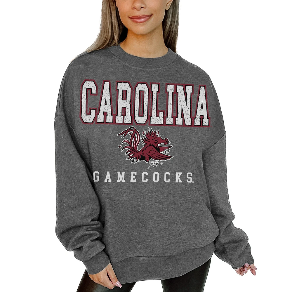 Women's Gameday Couture Heather Charcoal South Carolina Gamecocks Oversized Distressed Fleece Pullover Sweatshirt