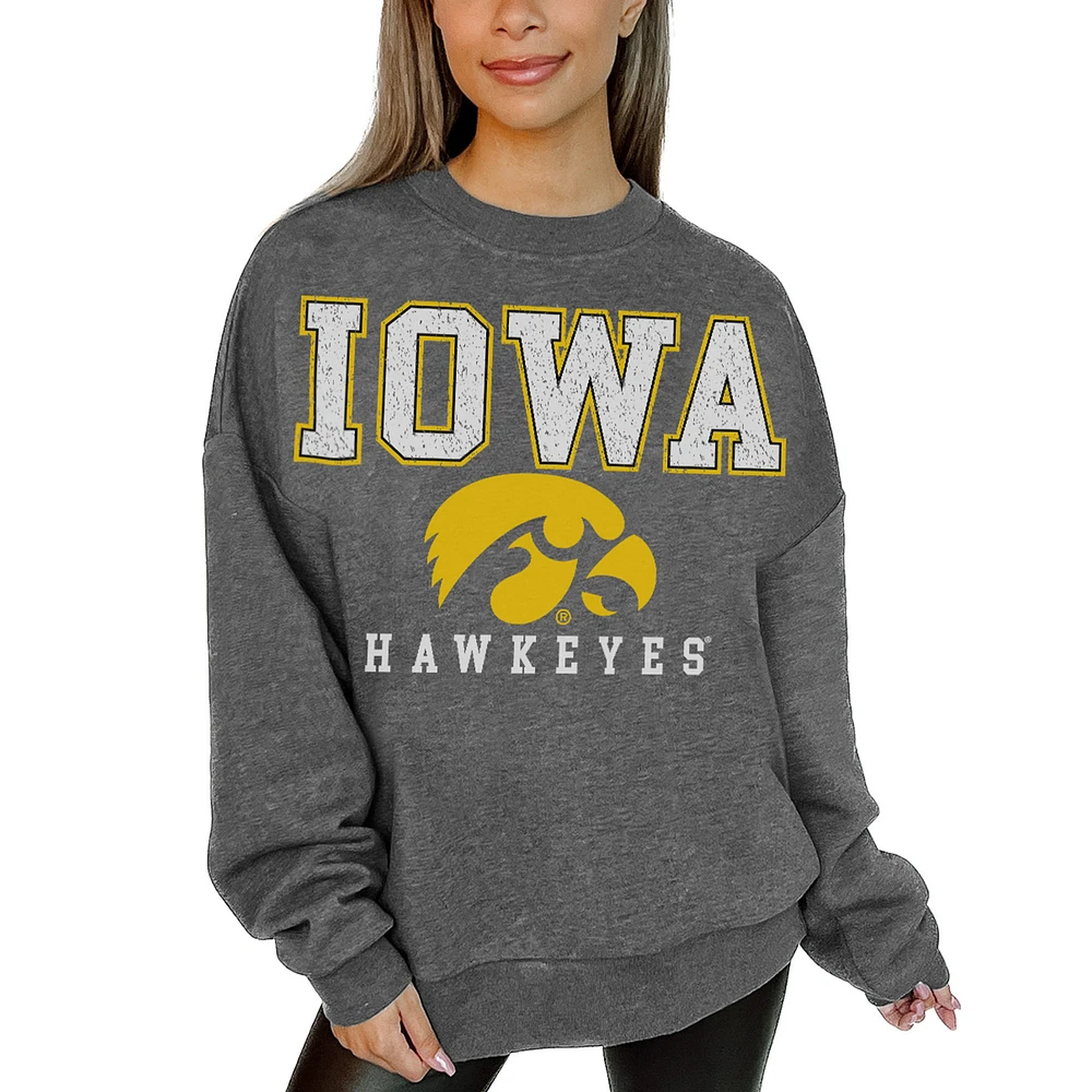 Women's Gameday Couture Heather Charcoal Iowa Hawkeyes Oversized Distressed Fleece Pullover Sweatshirt