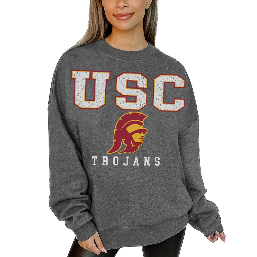 Women's Gameday Couture Heather Charcoal USC Trojans Oversized Distressed Fleece Pullover Sweatshirt