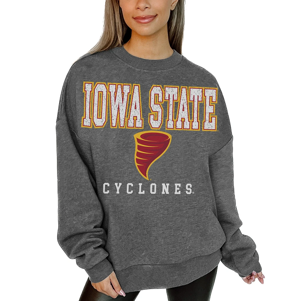 Women's Gameday Couture Heather Charcoal Iowa State Cyclones Oversized Distressed Fleece Pullover Sweatshirt