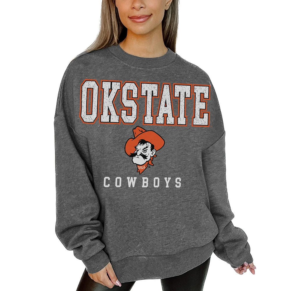 Women's Gameday Couture Heather Charcoal Oklahoma State Cowboys Oversized Distressed Fleece Pullover Sweatshirt