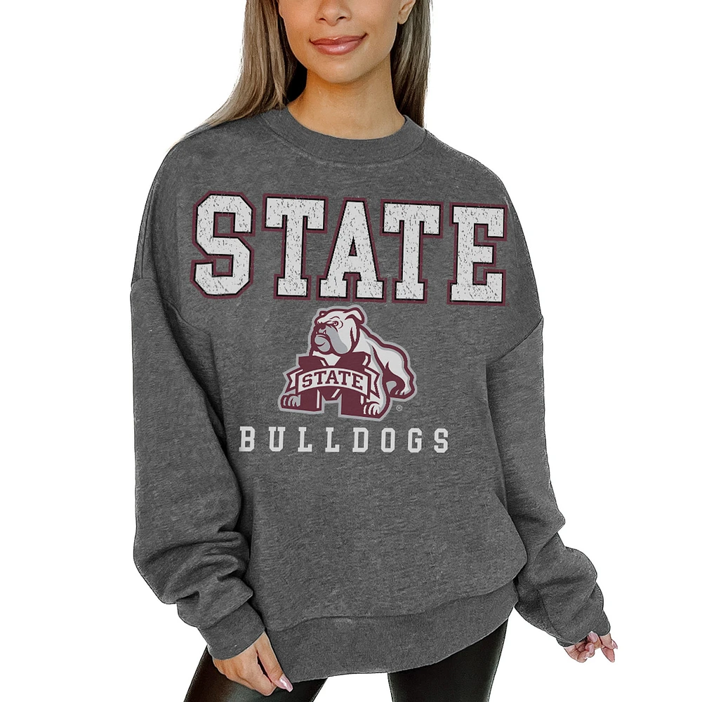 Women's Gameday Couture Heather Charcoal Mississippi State Bulldogs Oversized Distressed Fleece Pullover Sweatshirt