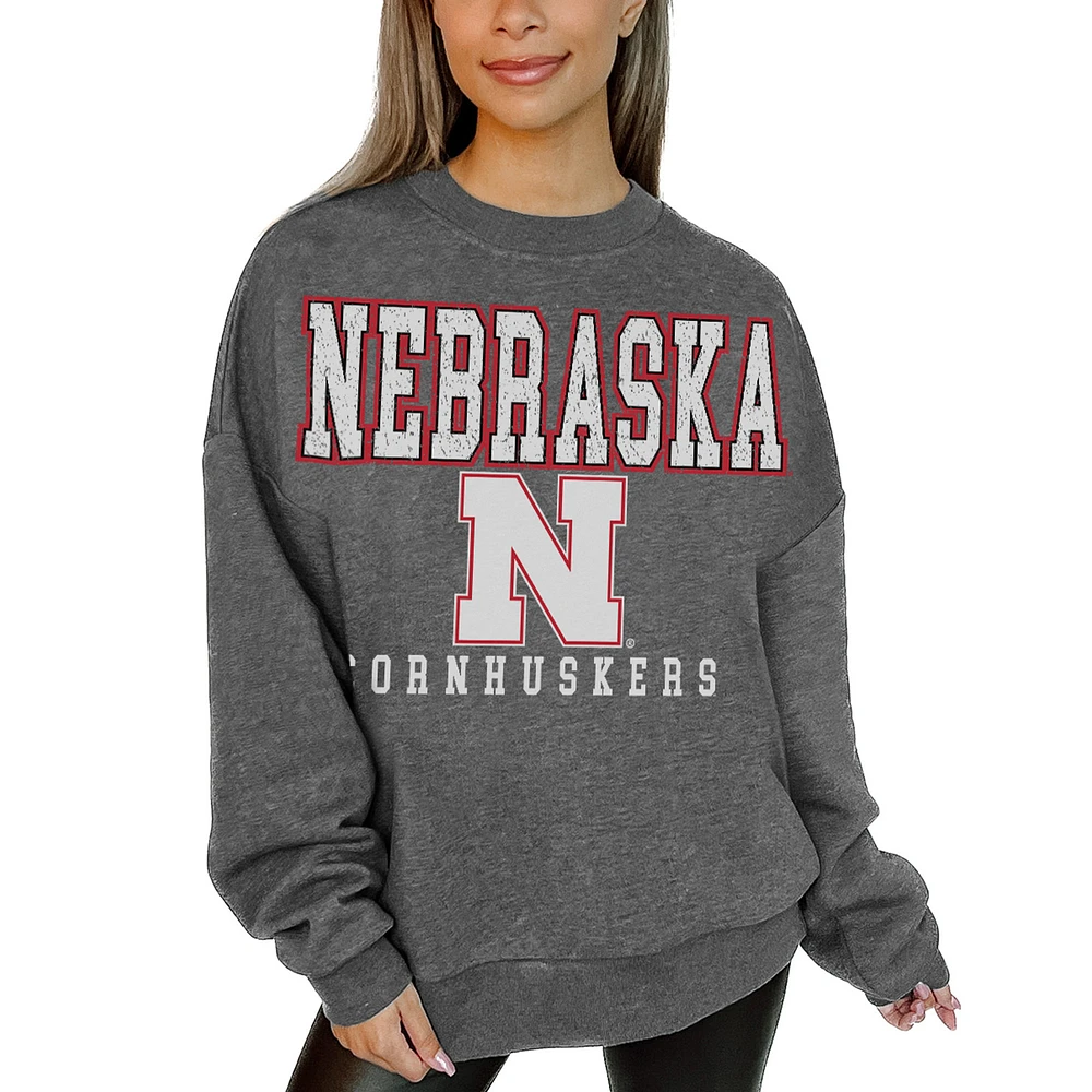 Women's Gameday Couture Heather Charcoal Nebraska Huskers Oversized Distressed Fleece Pullover Sweatshirt