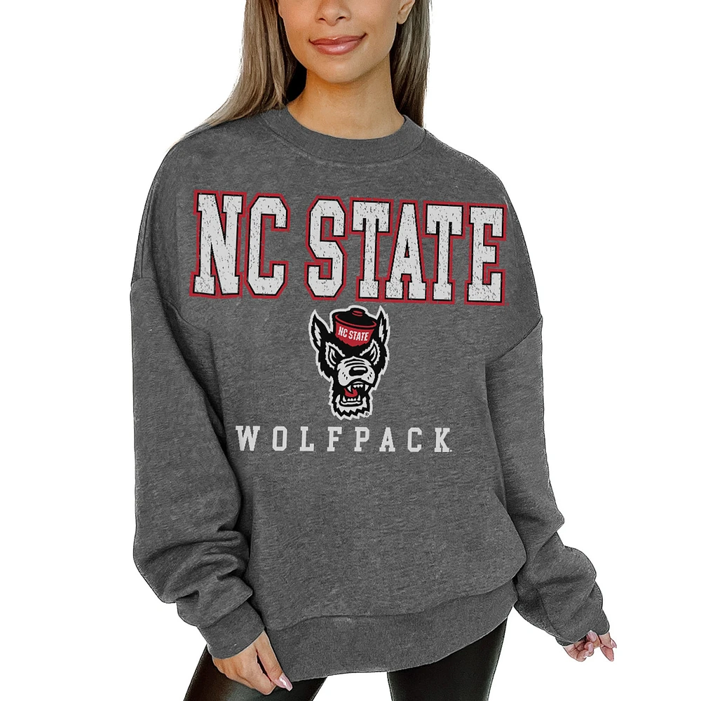 Women's Gameday Couture Heather Charcoal NC State Wolfpack Oversized Distressed Fleece Pullover Sweatshirt