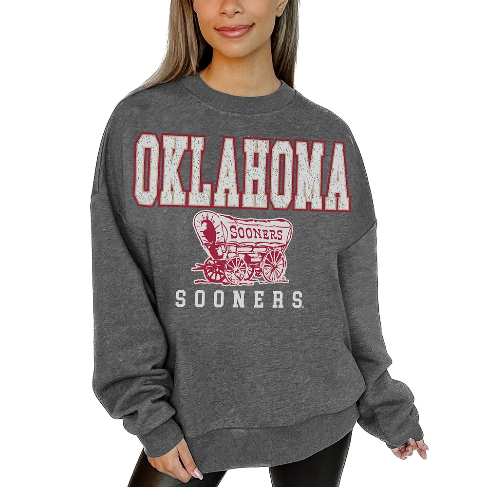 Women's Gameday Couture Heather Charcoal Oklahoma Sooners Oversized Distressed Fleece Pullover Sweatshirt