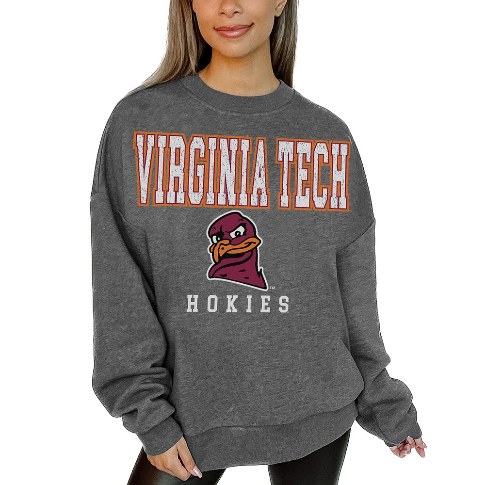 Women's Gameday Couture Heather Charcoal Virginia Tech Hokies Oversized Distressed Fleece Pullover Sweatshirt