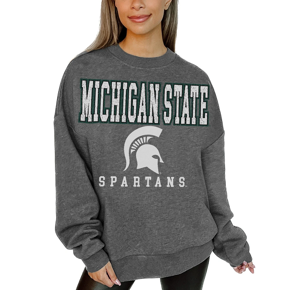 Women's Gameday Couture Heather Charcoal Michigan State Spartans Oversized Distressed Fleece Pullover Sweatshirt