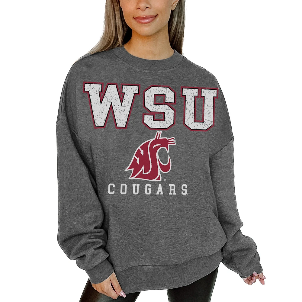 Women's Gameday Couture Heather Charcoal Washington State Cougars Oversized Distressed Fleece Pullover Sweatshirt