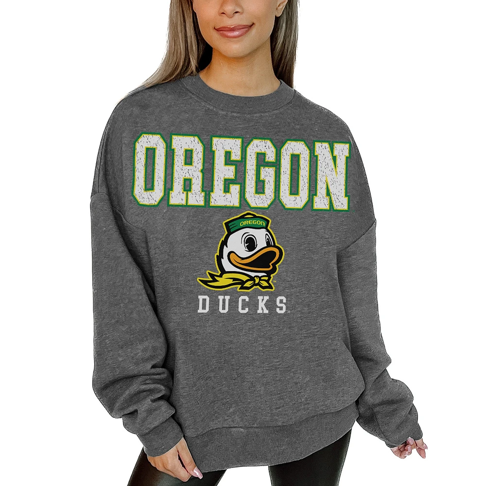 Women's Gameday Couture Heather Charcoal Oregon Ducks Oversized Distressed Fleece Pullover Sweatshirt