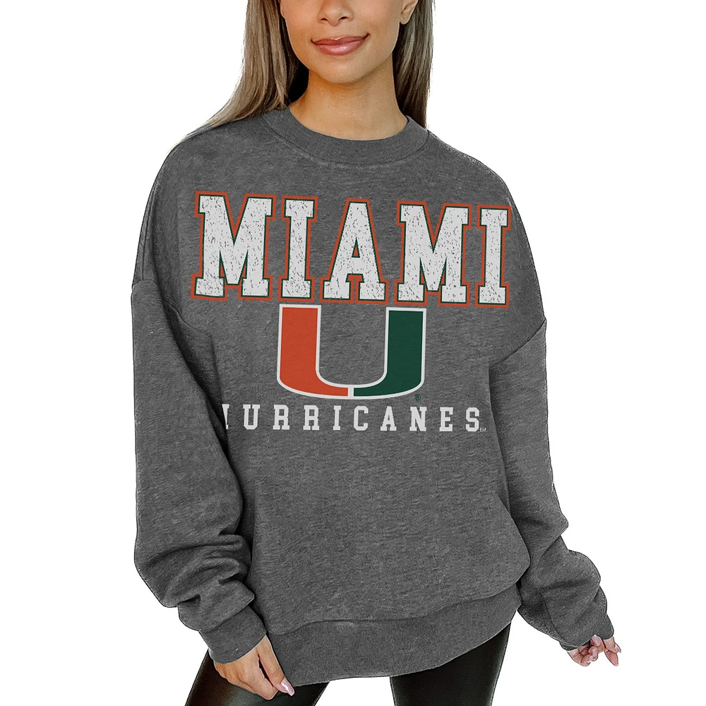 Women's Gameday Couture Heather Charcoal Miami Hurricanes Oversized Distressed Fleece Pullover Sweatshirt