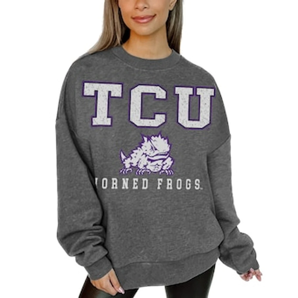 Women's Gameday Couture Heather Charcoal TCU Horned Frogs Oversized Distressed Fleece Pullover Sweatshirt