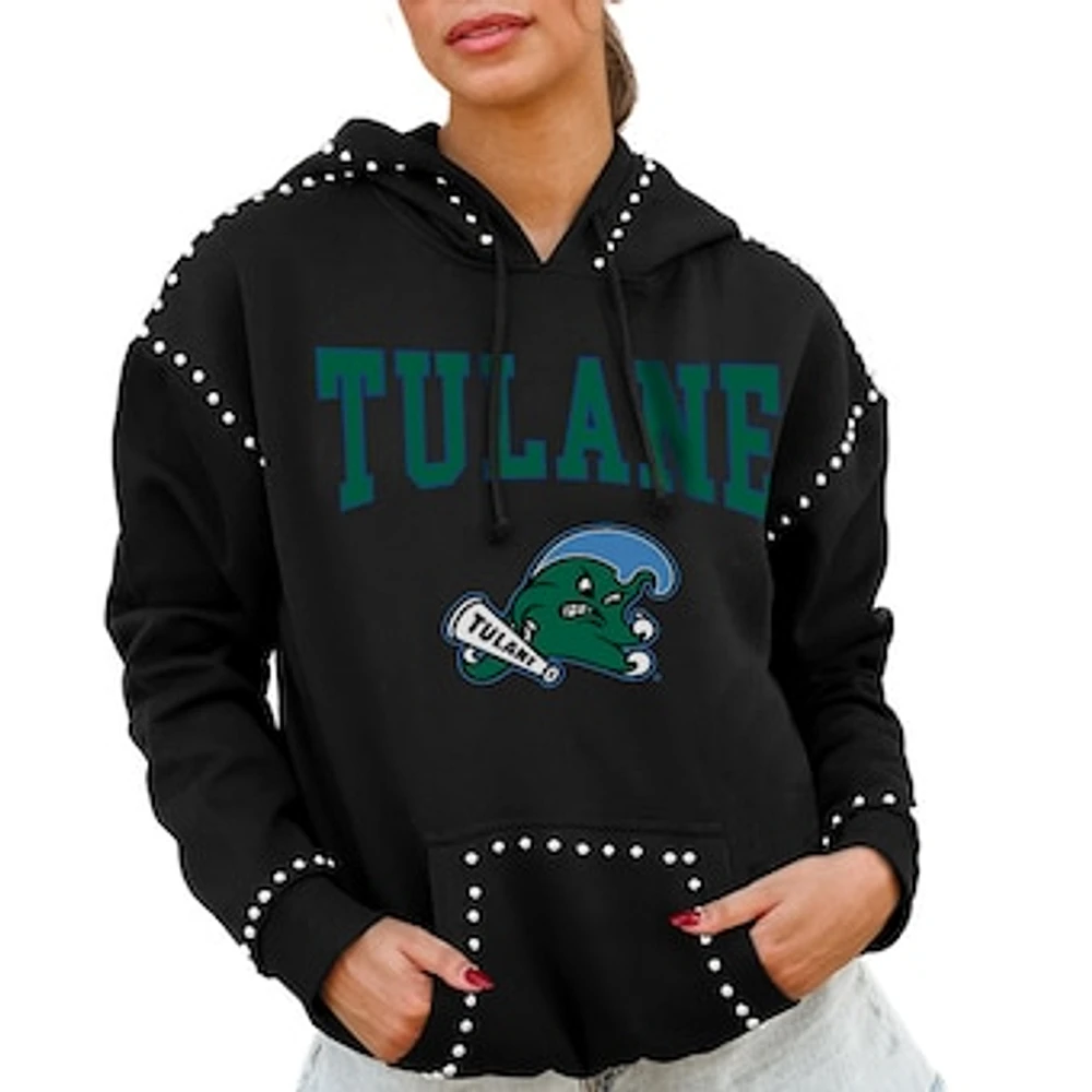 Women's Gameday Couture Black Tulane Green Wave Studded Pullover Hoodie