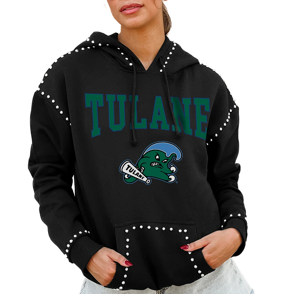 Women's Gameday Couture Black Tulane Green Wave Studded Pullover Hoodie