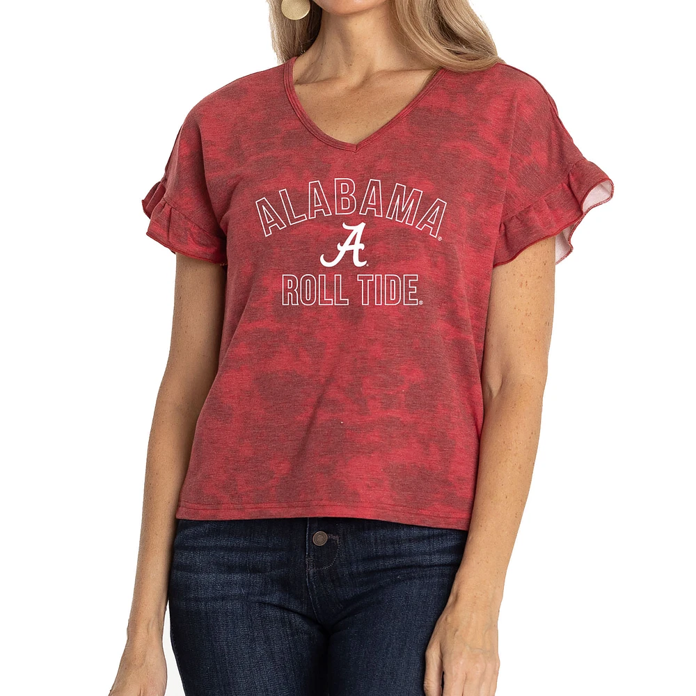 Women's Crimson Alabama Tide Daisy Ruffle Sleeve V-Neck T-Shirt