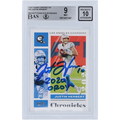 Justin Herbert Los Angeles Chargers Autographed 2020 Panini Chronicles #53 Beckett Fanatics Witnessed Authenticated /10 Rookie Card with "2020 OROY" Inscription