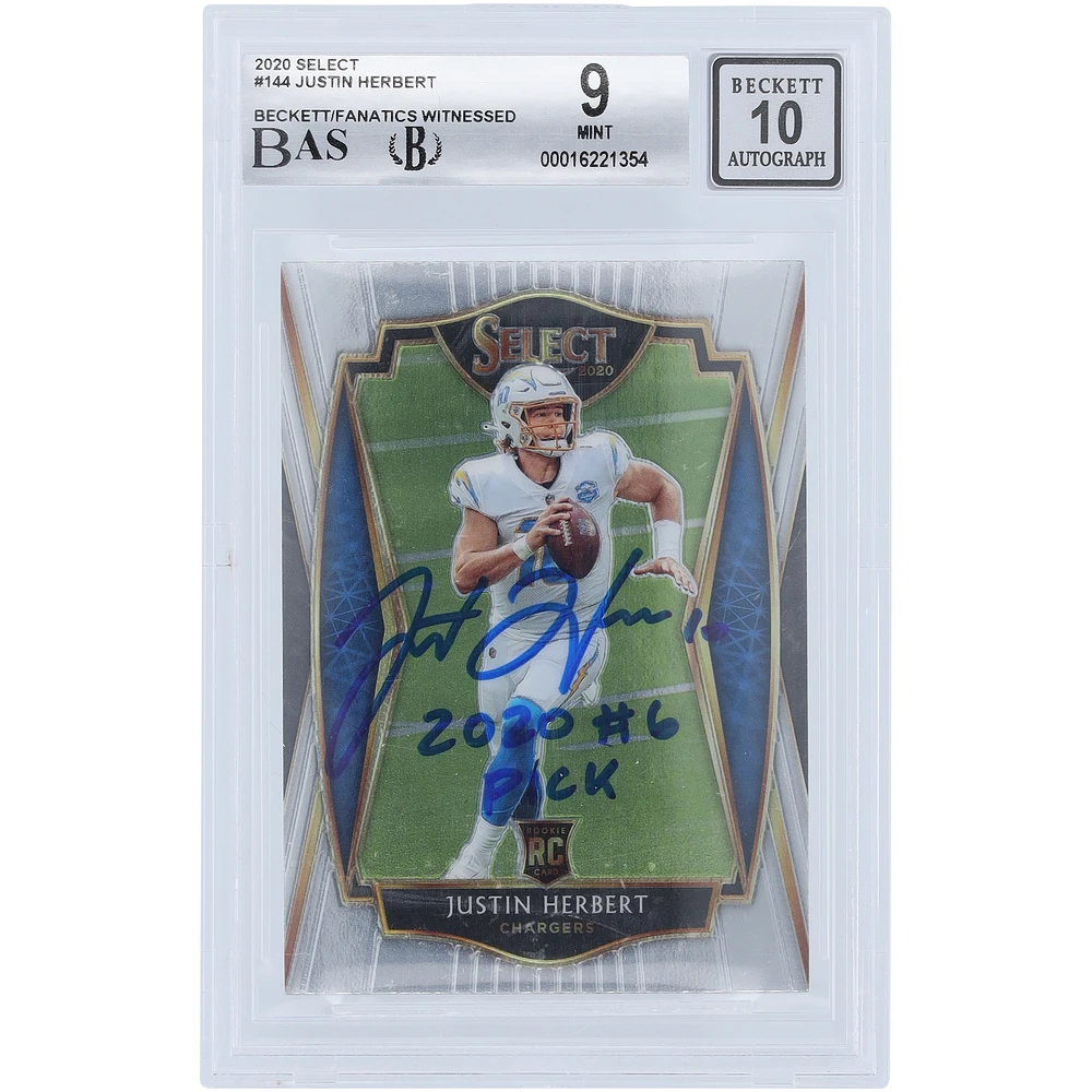 Justin Herbert Los Angeles Chargers Autographed 2020 Panini Select #144 Beckett Fanatics Witnessed Authenticated /10 Rookie Card with "2020 #6 Pick" Inscription