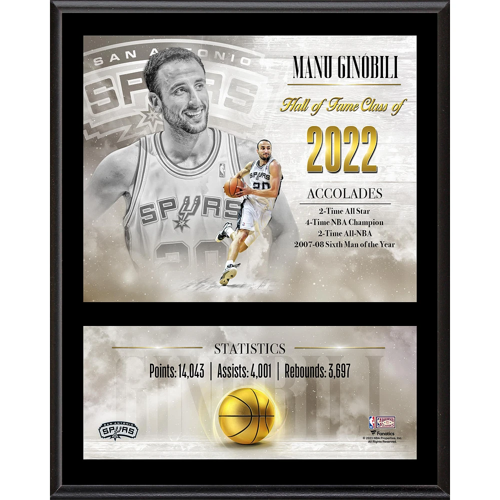 Manu Ginobili San Antonio Spurs 12" x 15" Hardwood Classic Sublimated Player Plaque