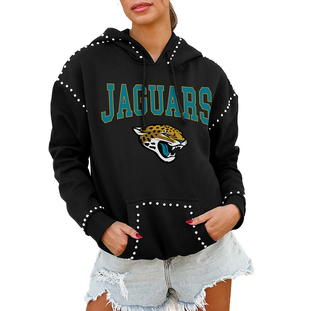 Women's Gameday Couture Black Jacksonville Jaguars Oversized Catch the Vibe Studded Pullover Hoodie