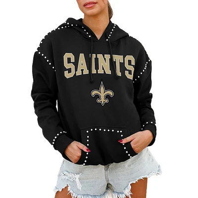 Women's Gameday Couture Black New Orleans Saints Oversized Catch the Vibe Studded Pullover Hoodie