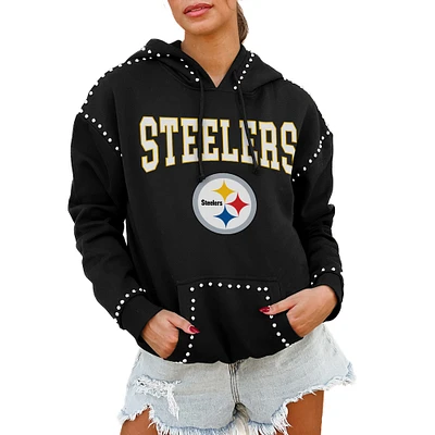 Women's Gameday Couture Black Pittsburgh Steelers Oversized Catch the Vibe Studded Pullover Hoodie