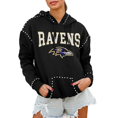 Women's Gameday Couture Black Baltimore Ravens Oversized Catch the Vibe Studded Pullover Hoodie