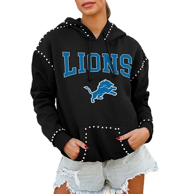 Women's Gameday Couture Black Detroit Lions Oversized Catch the Vibe Studded Pullover Hoodie