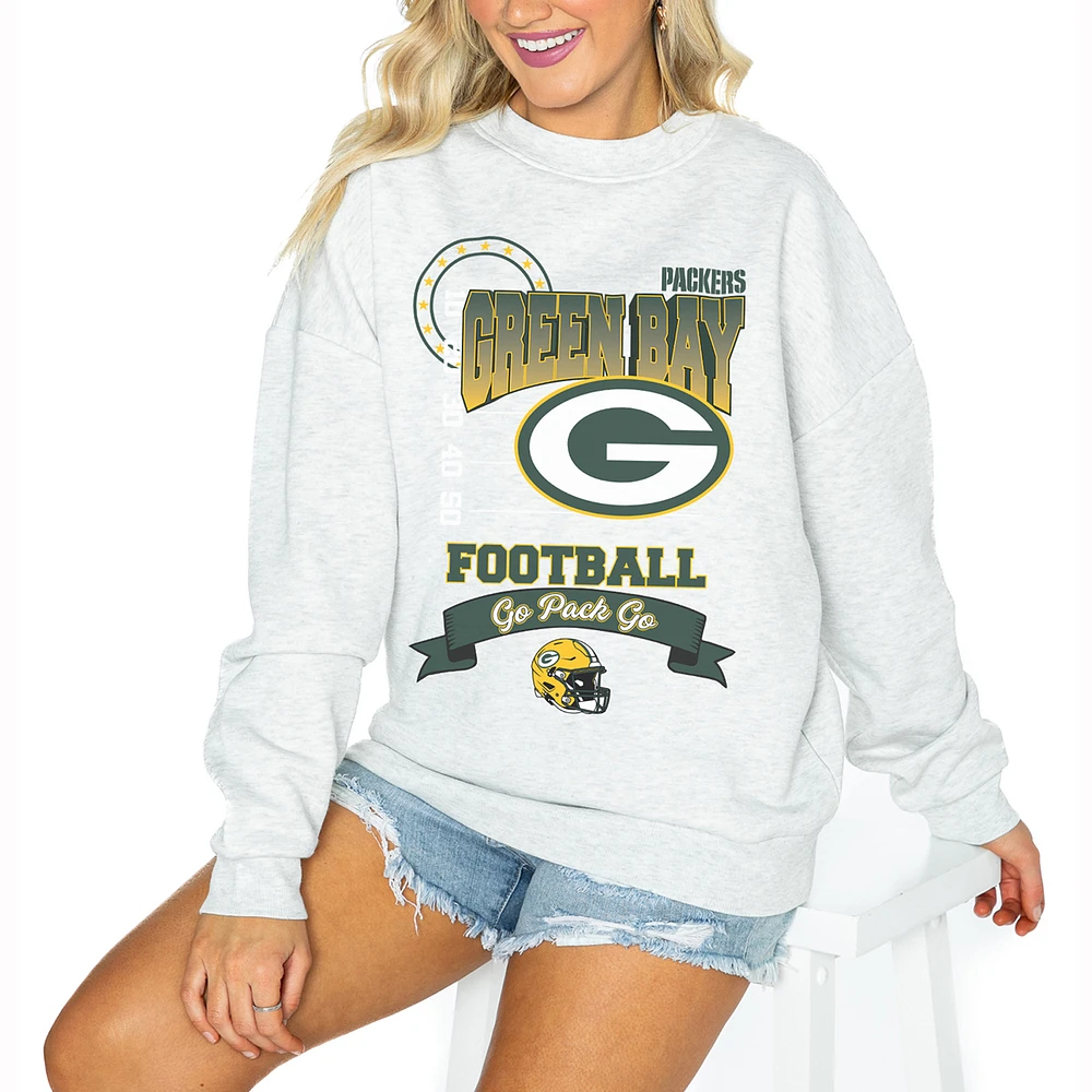 Women's Gameday Couture Ash Green Bay Packers Oversized Run the Show Pullover Sweatshirt