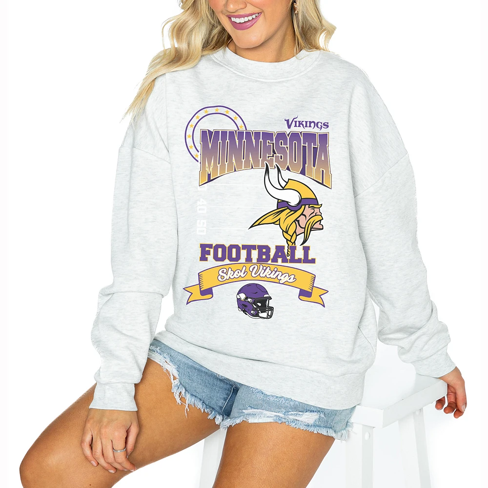 Women's Gameday Couture Ash Minnesota Vikings Oversized Run the Show Pullover Sweatshirt