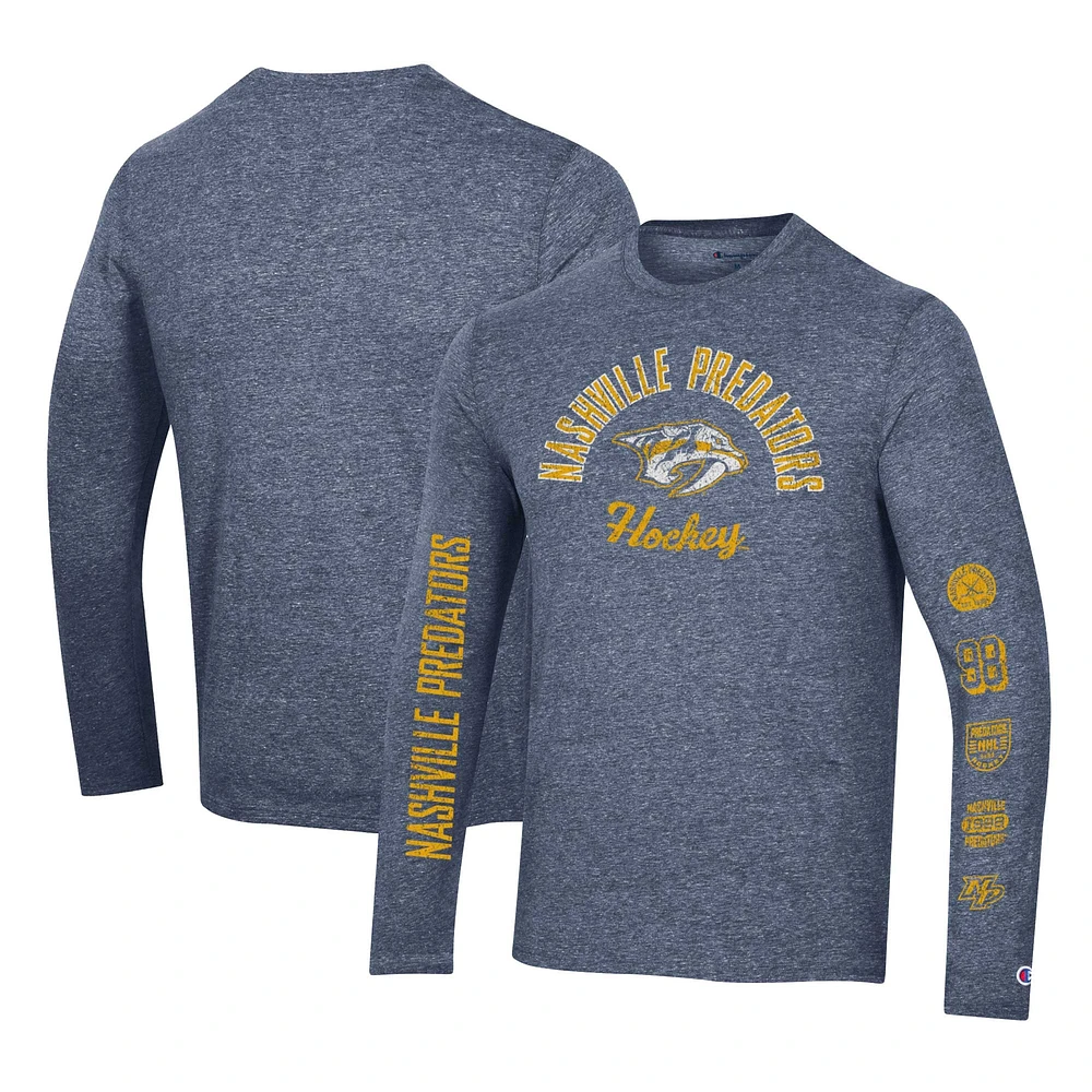 Men's Champion Heather Navy Nashville Predators Multi-Logo Tri-Blend Long Sleeve T-Shirt