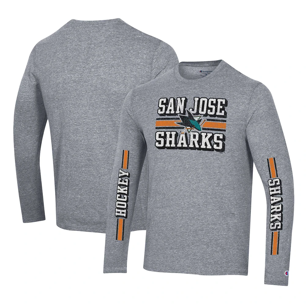 Men's Champion Heather Gray San Jose Sharks Tri-Blend Dual-Stripe Long Sleeve T-Shirt