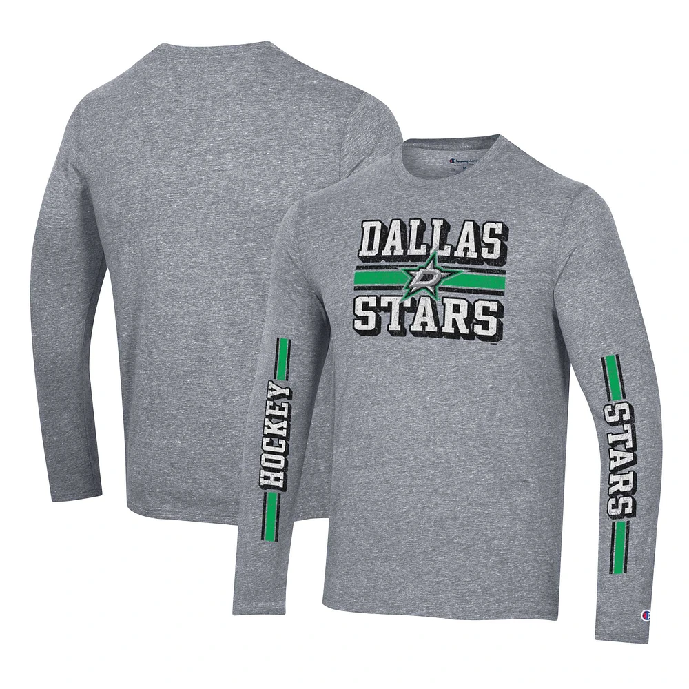 Men's Champion Heather Gray Dallas Stars Tri-Blend Dual-Stripe Long Sleeve T-Shirt