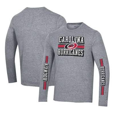Men's Champion Heather Gray Carolina Hurricanes Tri-Blend Dual-Stripe Long Sleeve T-Shirt
