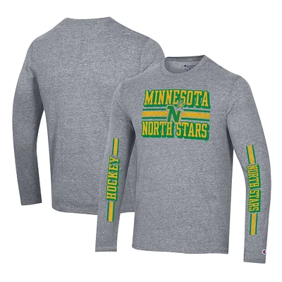 Men's Champion Heather Gray Minnesota North Stars Tri-Blend Dual-Stripe Long Sleeve T-Shirt