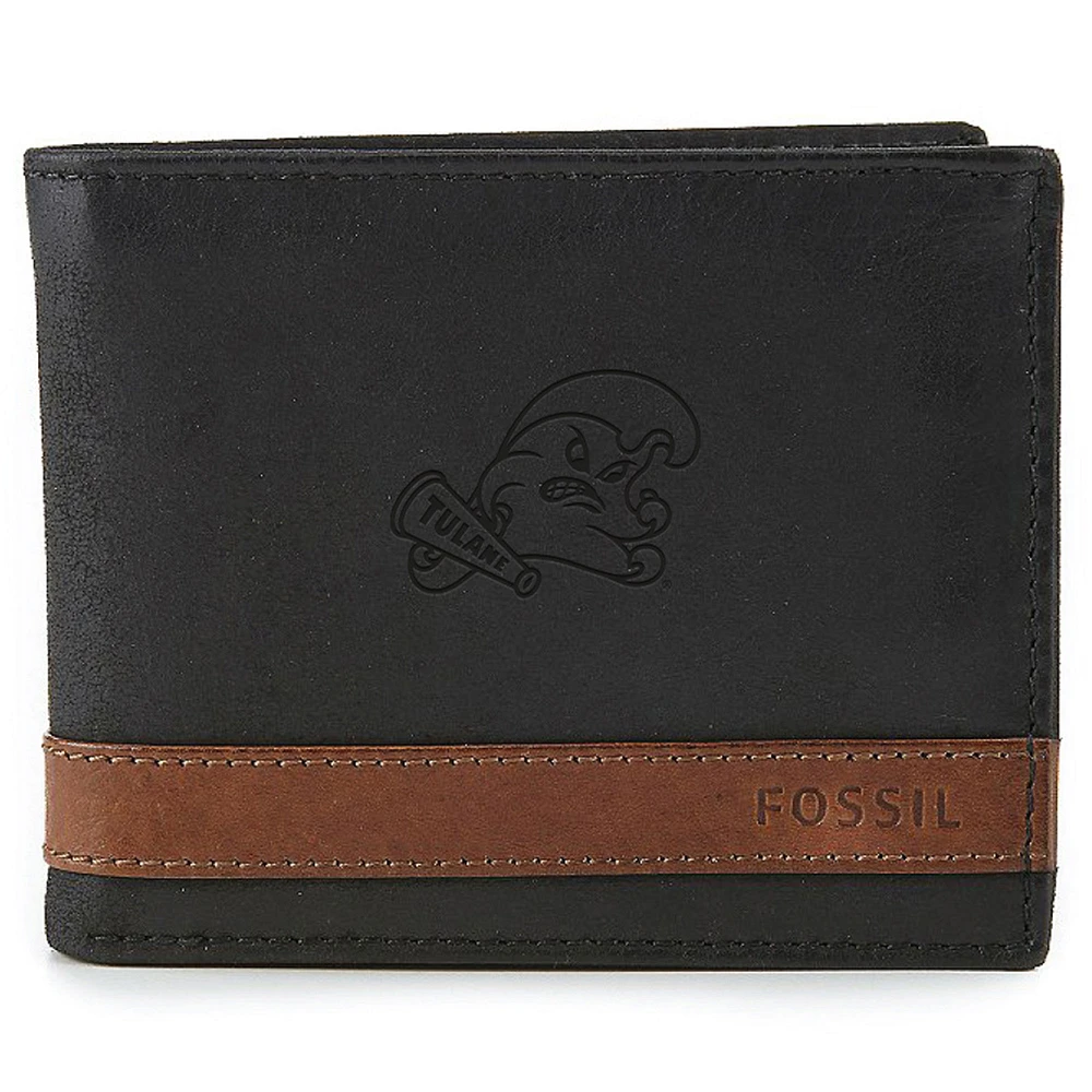 Men's Fossil Black Tulane Green Wave Quinn Flip ID Bifold Wallet
