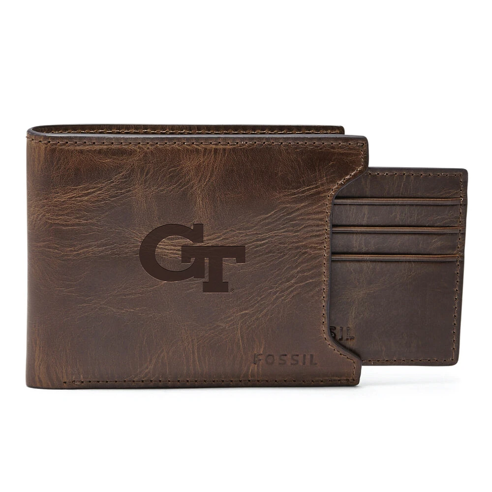 Men's Fossil Brown Georgia Tech Yellow Jackets Derrick Sliding Two-In-One Wallet