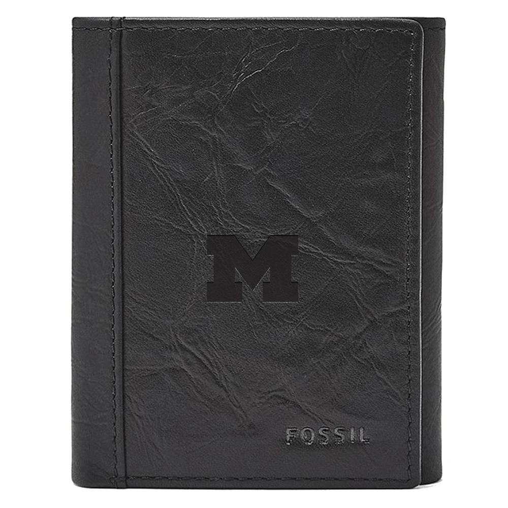 Men's Fossil Black Michigan Wolverines Neel Extra Capacity Trifold Wallet