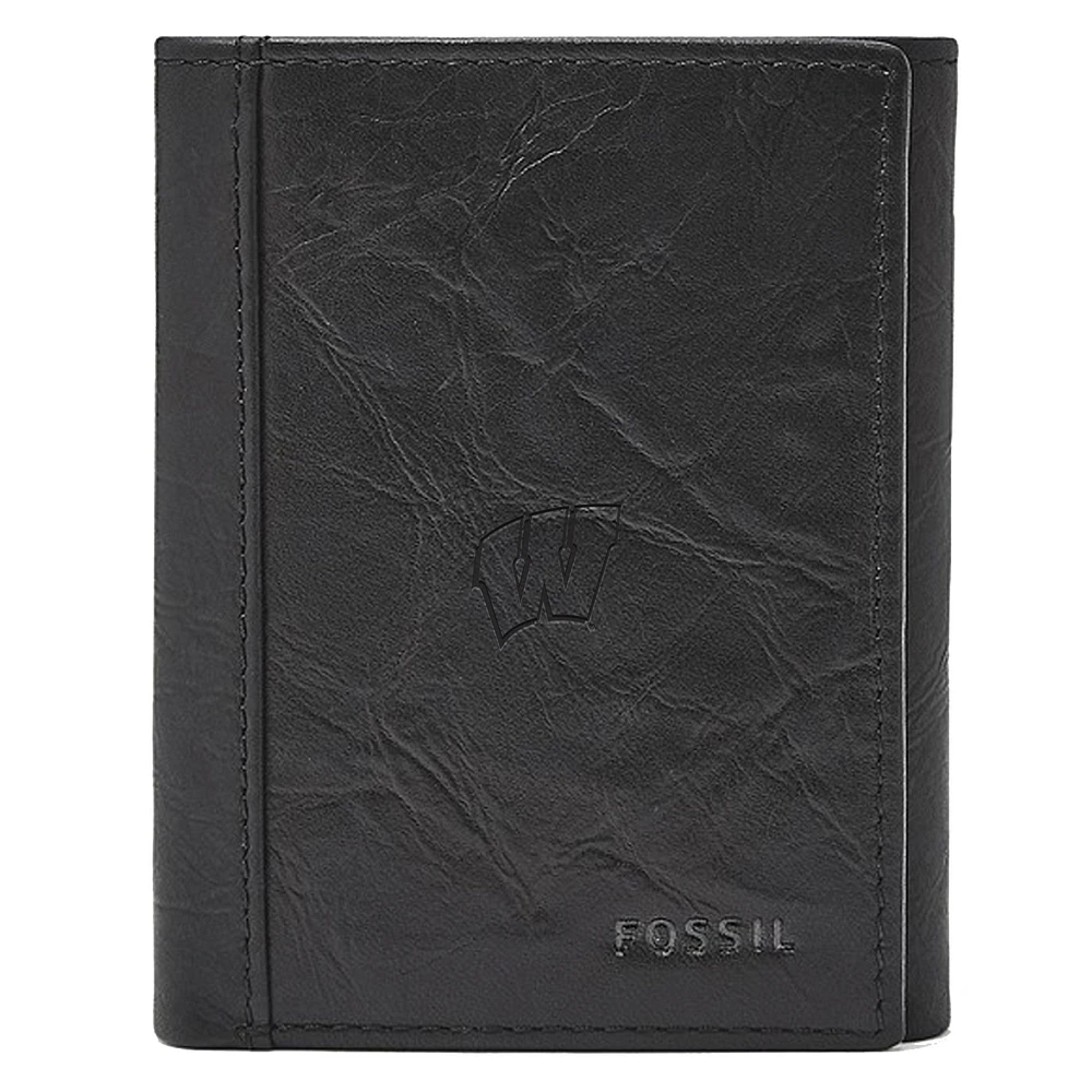 Men's Fossil Black Wisconsin Badgers Neel Extra Capacity Trifold Wallet