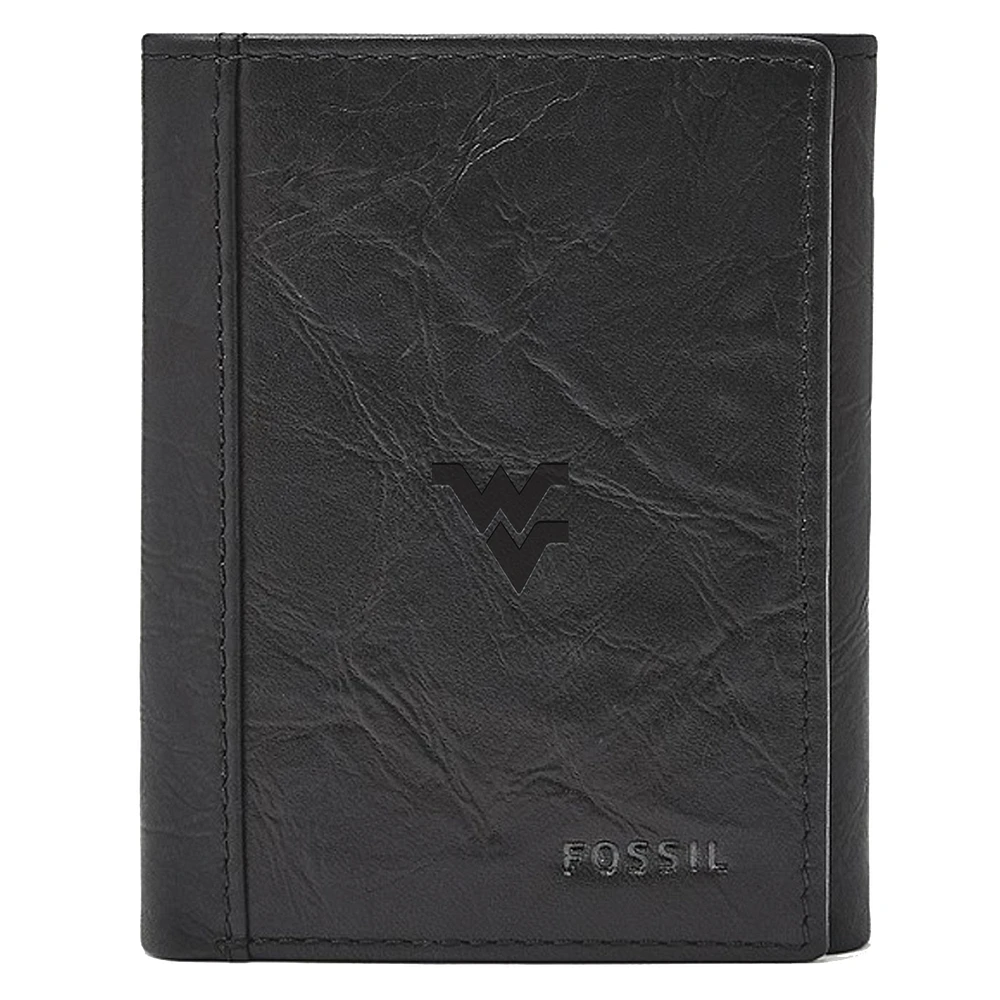 Men's Fossil Black West Virginia Mountaineers Neel Extra Capacity Trifold Wallet
