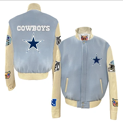 Men's Jeff Hamilton Light Blue Dallas Cowboys Wool & Leather Full-Snap Varsity Jacket