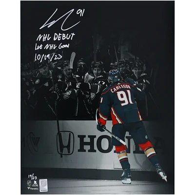 Leo Carlsson Anaheim Ducks Autographed 16" x 20" NHL Debut and 1st Goal Celebration Photograph with Multiple Inscriptions - Limited Edition of 23