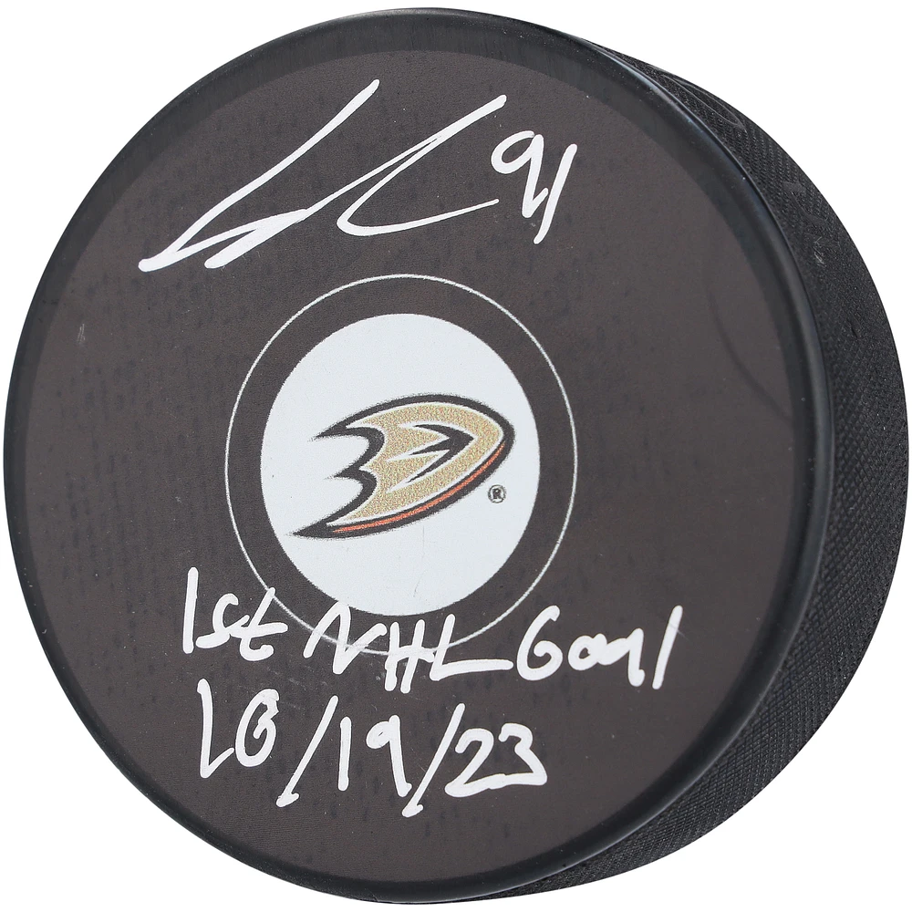 Leo Carlsson Anaheim Ducks Autographed Hockey Puck with "1st NHL Goal 10/19/23" Inscription