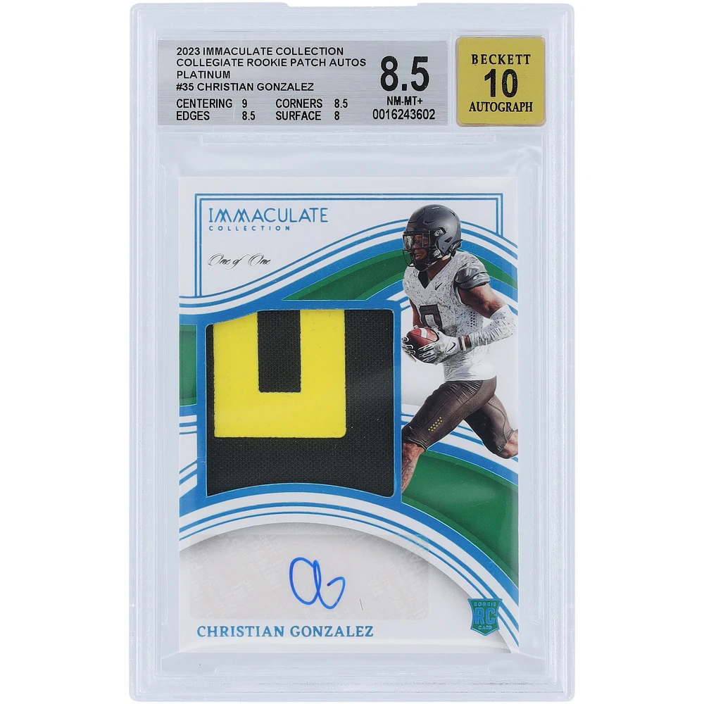Christian Gonzalez Oregon Ducks Autographed 2023 Panini Immaculate Collegiate Collection Platinum Patch Relic #35 #1/1 BGS Authenticated 8.5/10 Card - 9,8.5,8.5,8 Subgrades