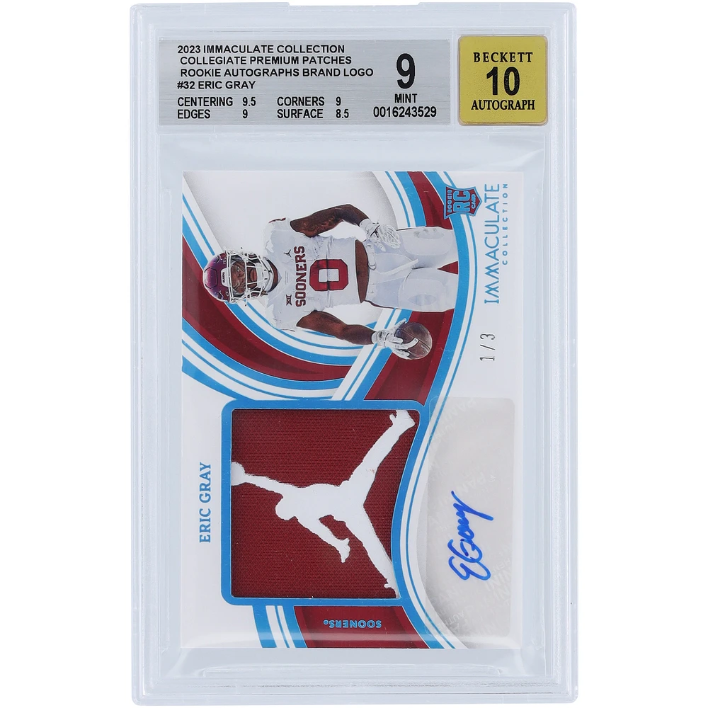 Eric Gray Oklahoma Sooners Autographed 2023 Panini Immaculate Collegiate Collection Brand Logo Relic #PPRA-ERG #1/3 BGS Authenticated 9/10 Rookie Card - 9.5,9,9,8.5 Subgrades