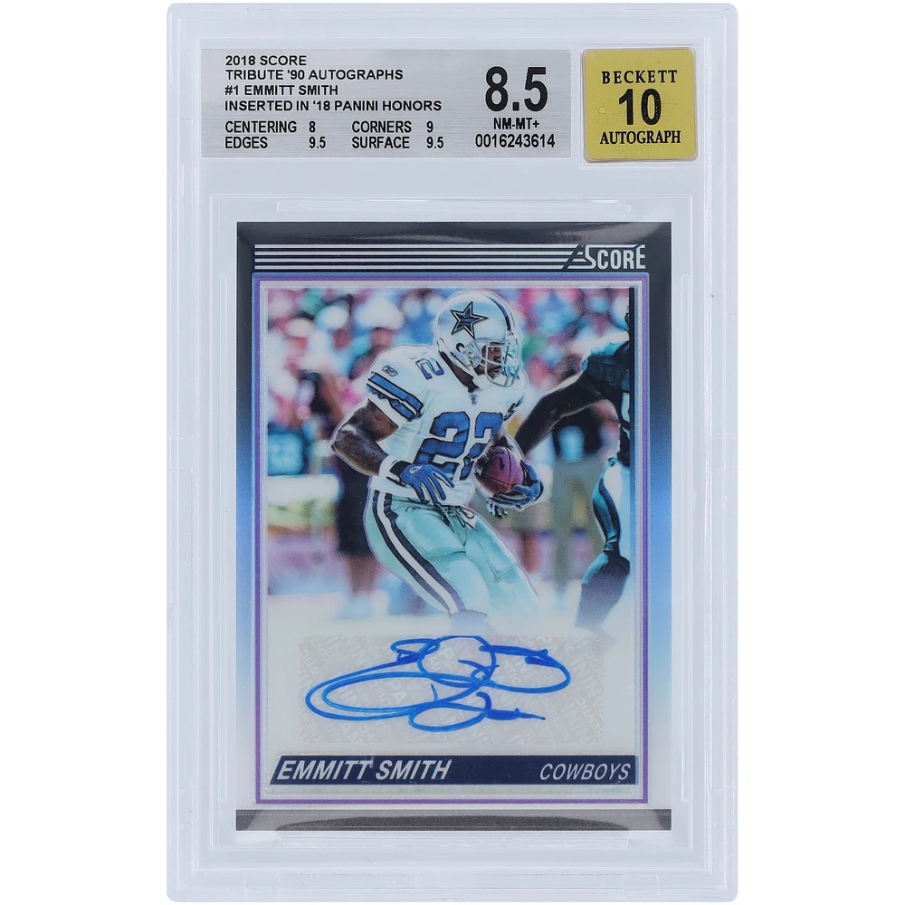 Emmitt Smith Dallas Cowboys Autographed 2018 Panini Score Tribute '90 Reprint #101T #14/25 BGS Authenticated 8.5/10 Card - 8,9,9.5,9.5 Subgrades