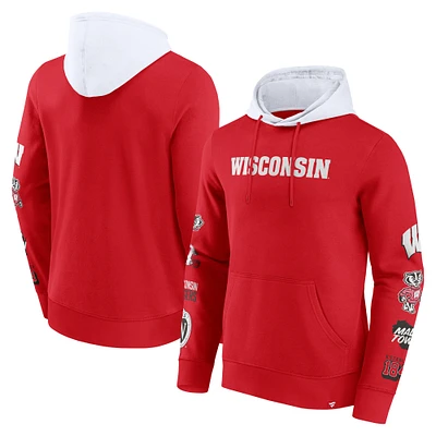 Men's Fanatics Red/White Wisconsin Badgers Color Block Badge Fleece Pullover Hoodie